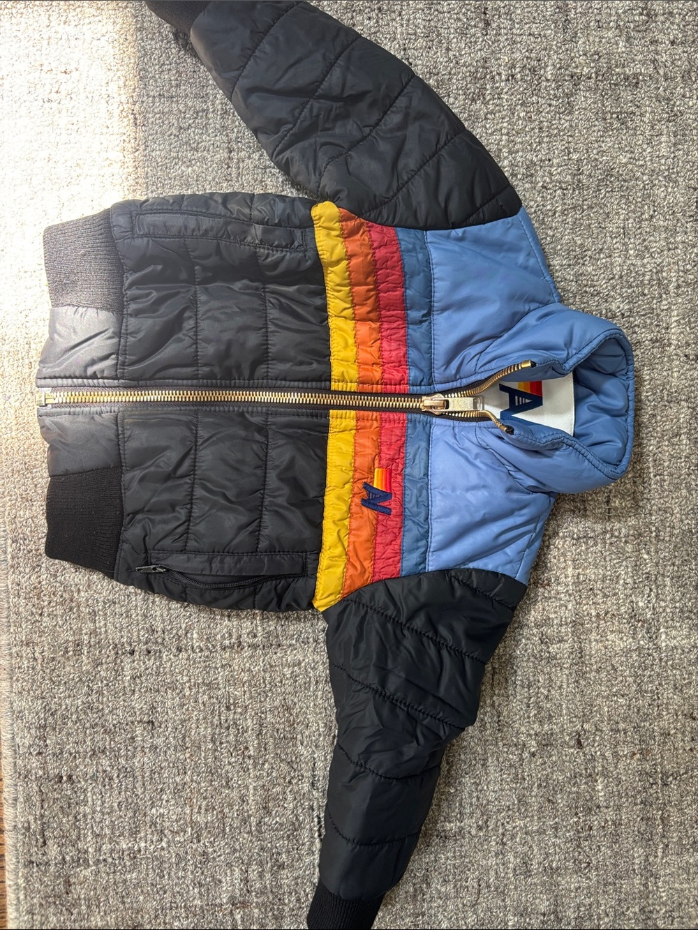 Navy & Light Blue Kids Puffer Jacket with Rainbow Stripes - Aviator Nation